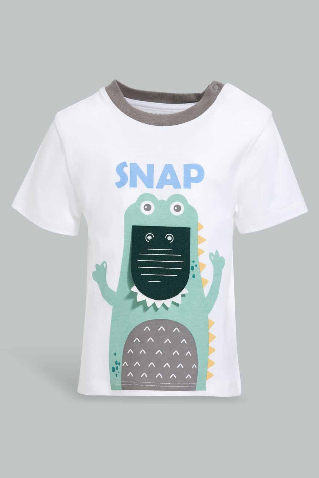 Redtag-White-Croc-Snap-Short-Slv-Tshirt-Category:T-Shirts,-Colour:White,-Deals:New-In,-Filter:Infant-Boys-(3-to-24-Mths),-INB-T-Shirts,-New-In-INB-APL,-Non-Sale,-Section:Boys-(0-to-14Yrs),-W22O-Infant-Boys-3 to 24 Months