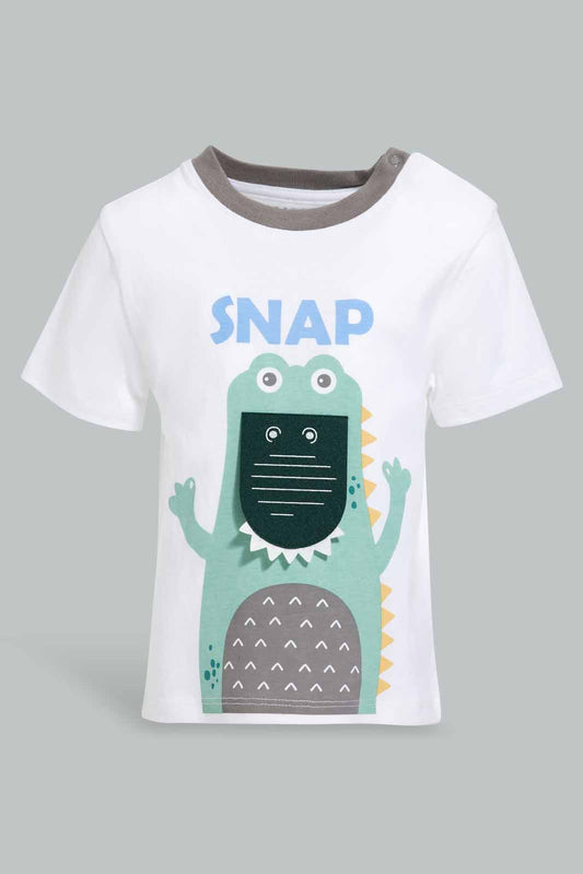 Redtag-White-Croc-Snap-Short-Slv-Tshirt-Category:T-Shirts,-Colour:White,-Deals:New-In,-Filter:Infant-Boys-(3-to-24-Mths),-INB-T-Shirts,-New-In-INB-APL,-Non-Sale,-Section:Boys-(0-to-14Yrs),-W22O-Infant-Boys-3 to 24 Months