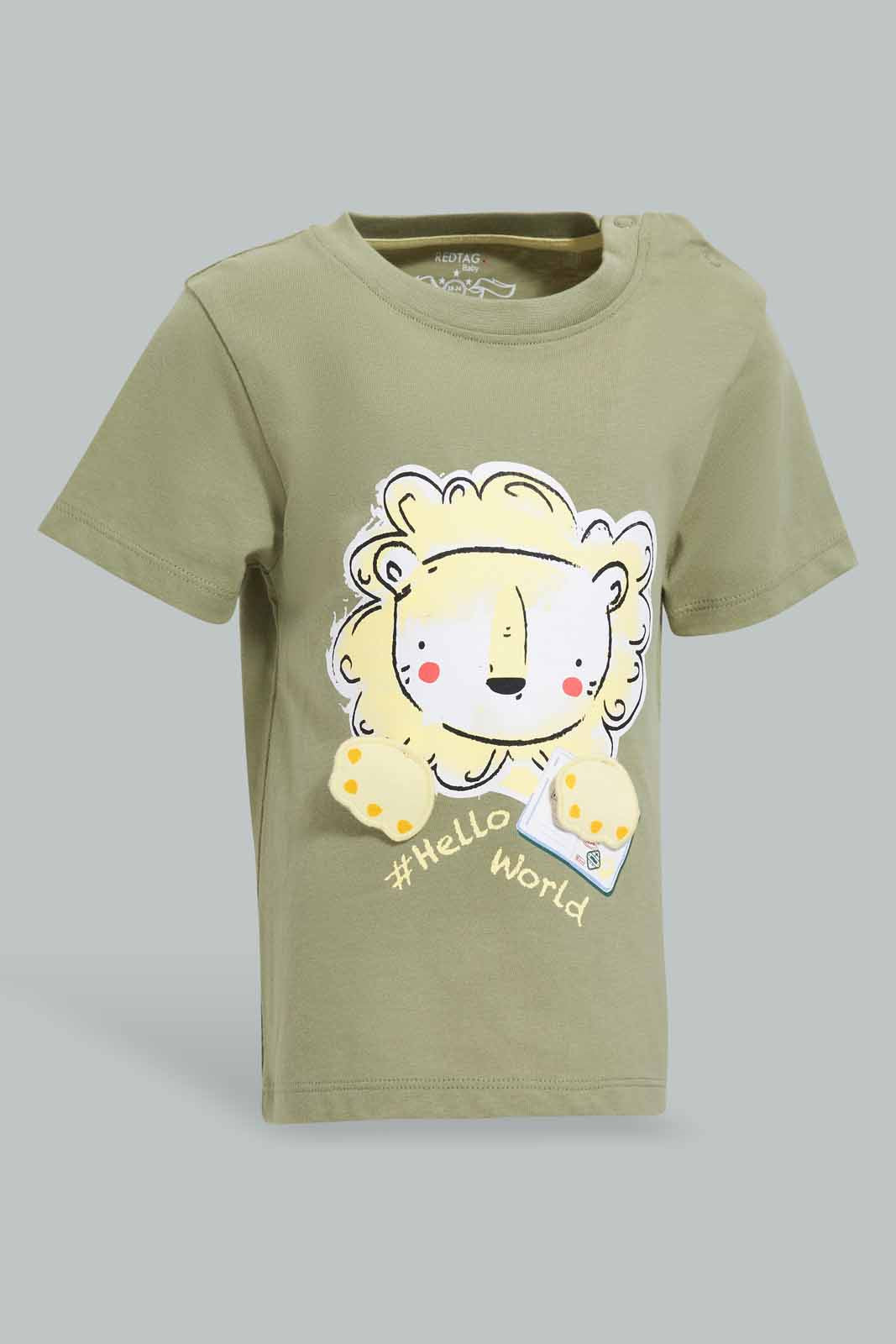 Redtag-Green-Lion-Patch-Short-Slv-Tshirt-Category:T-Shirts,-Colour:Green,-Deals:New-In,-Filter:Infant-Boys-(3-to-24-Mths),-INB-T-Shirts,-New-In-INB-APL,-Non-Sale,-Section:Boys-(0-to-14Yrs),-W22O-Infant-Boys-3 to 24 Months