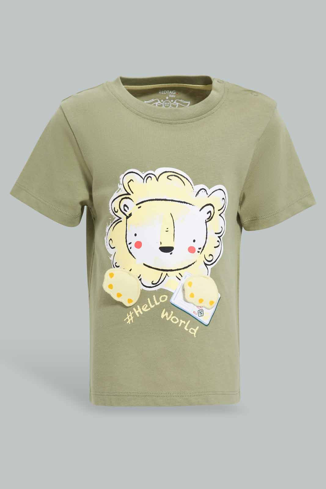 Redtag-Green-Lion-Patch-Short-Slv-Tshirt-Category:T-Shirts,-Colour:Green,-Deals:New-In,-Filter:Infant-Boys-(3-to-24-Mths),-INB-T-Shirts,-New-In-INB-APL,-Non-Sale,-Section:Boys-(0-to-14Yrs),-W22O-Infant-Boys-3 to 24 Months