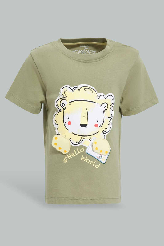 Redtag-Green-Lion-Patch-Short-Slv-Tshirt-Category:T-Shirts,-Colour:Green,-Deals:New-In,-Filter:Infant-Boys-(3-to-24-Mths),-INB-T-Shirts,-New-In-INB-APL,-Non-Sale,-Section:Boys-(0-to-14Yrs),-W22O-Infant-Boys-3 to 24 Months