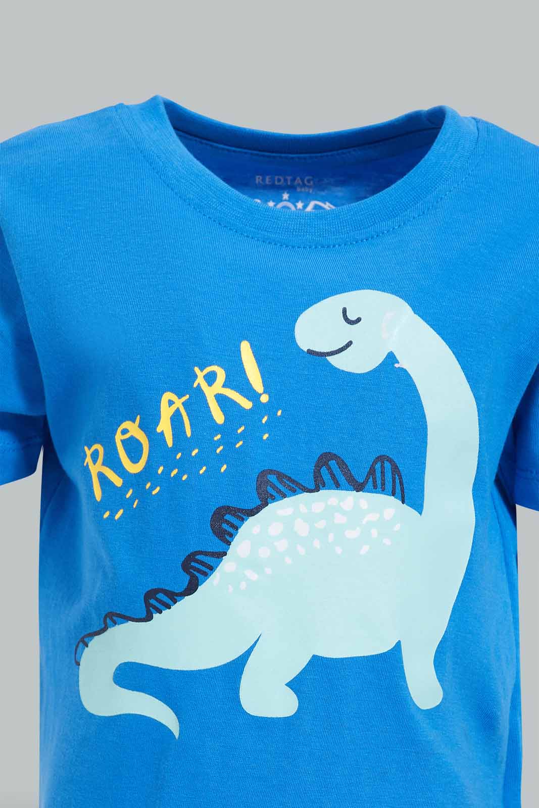 Redtag-Blue-Dino-Tshirt-With-Checkered-Jersey-Shorts-Pj-Set-(2-Pack)-Category:Pyjama-Sets,-Colour:Blue,-Deals:New-In,-Filter:Infant-Boys-(3-to-24-Mths),-INB-Pyjama-Sets,-New-In-INB-APL,-Non-Sale,-Section:Boys-(0-to-14Yrs),-VLM,-W22O-Infant-Boys-3 to 24 Months