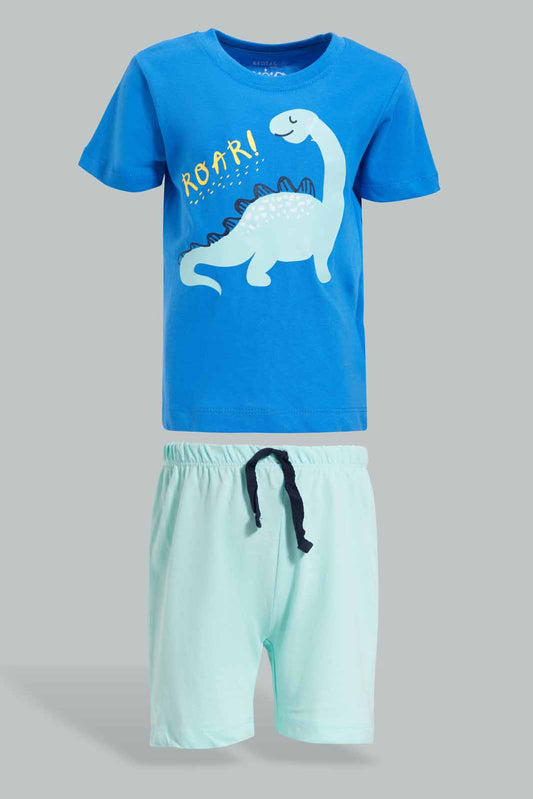 Redtag-Blue-Dino-Tshirt-With-Checkered-Jersey-Shorts-Pj-Set-(2-Pack)-Category:Pyjama-Sets,-Colour:Blue,-Deals:New-In,-Filter:Infant-Boys-(3-to-24-Mths),-INB-Pyjama-Sets,-New-In-INB-APL,-Non-Sale,-Section:Boys-(0-to-14Yrs),-VLM,-W22O-Infant-Boys-3 to 24 Months