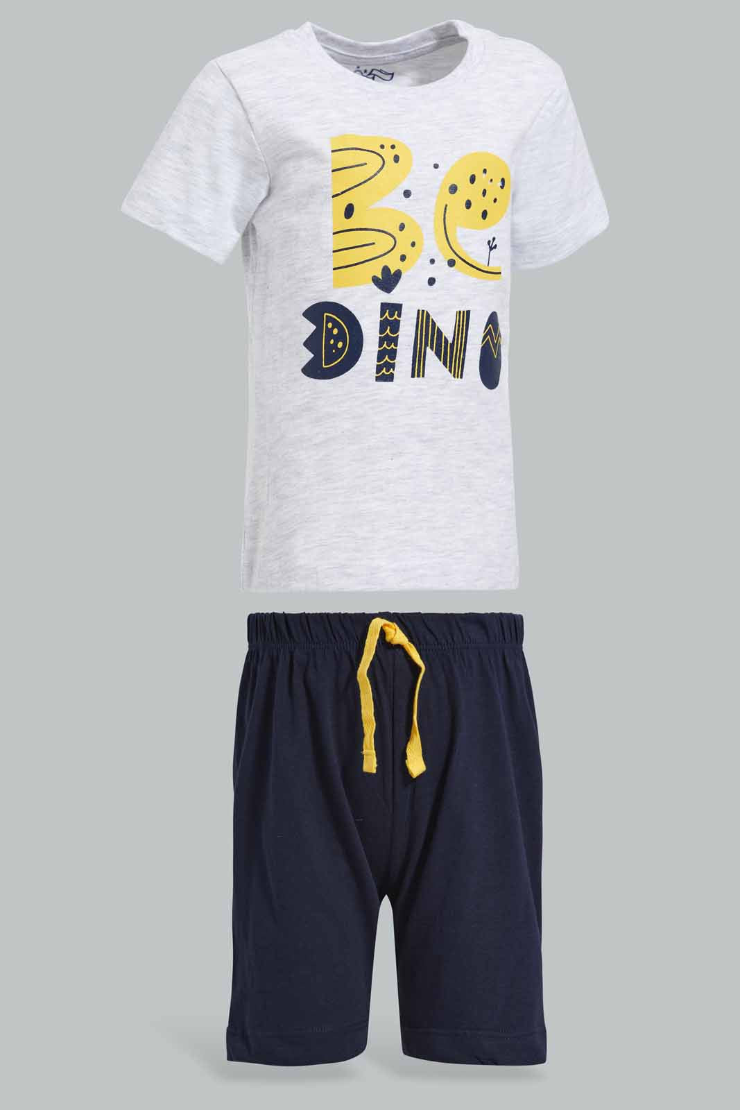 Redtag-Grey-Dino-Tshirt-With-Navy-Striped-Jersey-Shorts-Pj-Set-(2-Pack)-Category:Pyjama-Sets,-Colour:Grey,-Deals:New-In,-Filter:Infant-Boys-(3-to-24-Mths),-INB-Pyjama-Sets,-New-In-INB-APL,-Non-Sale,-Section:Boys-(0-to-14Yrs),-VLM,-W22O-Infant-Boys-3 to 24 Months