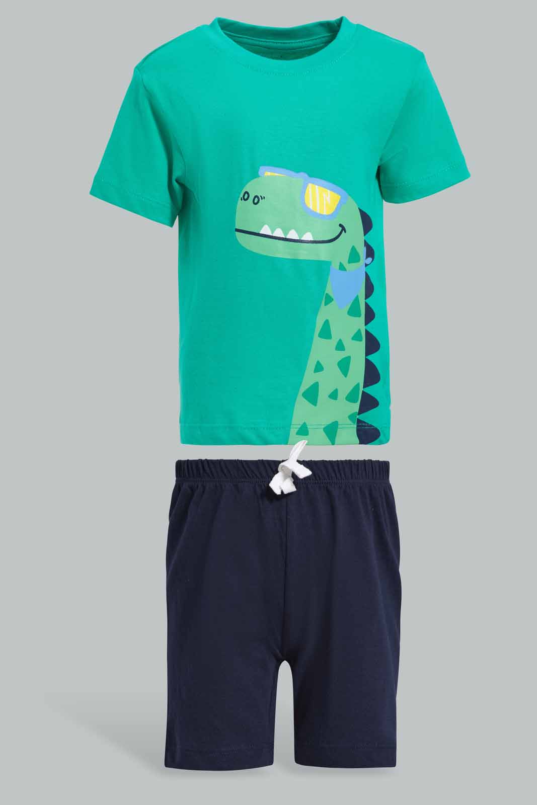 Redtag-Green-Dino-Tshirt-With-Navy-Allover-Printed-Jersey-Shorts-Pj-Set-(2-Pack)-Category:Pyjama-Sets,-Colour:Green,-Deals:New-In,-Filter:Infant-Boys-(3-to-24-Mths),-INB-Pyjama-Sets,-New-In-INB-APL,-Non-Sale,-Section:Boys-(0-to-14Yrs),-VLM,-W22O-Infant-Boys-3 to 24 Months
