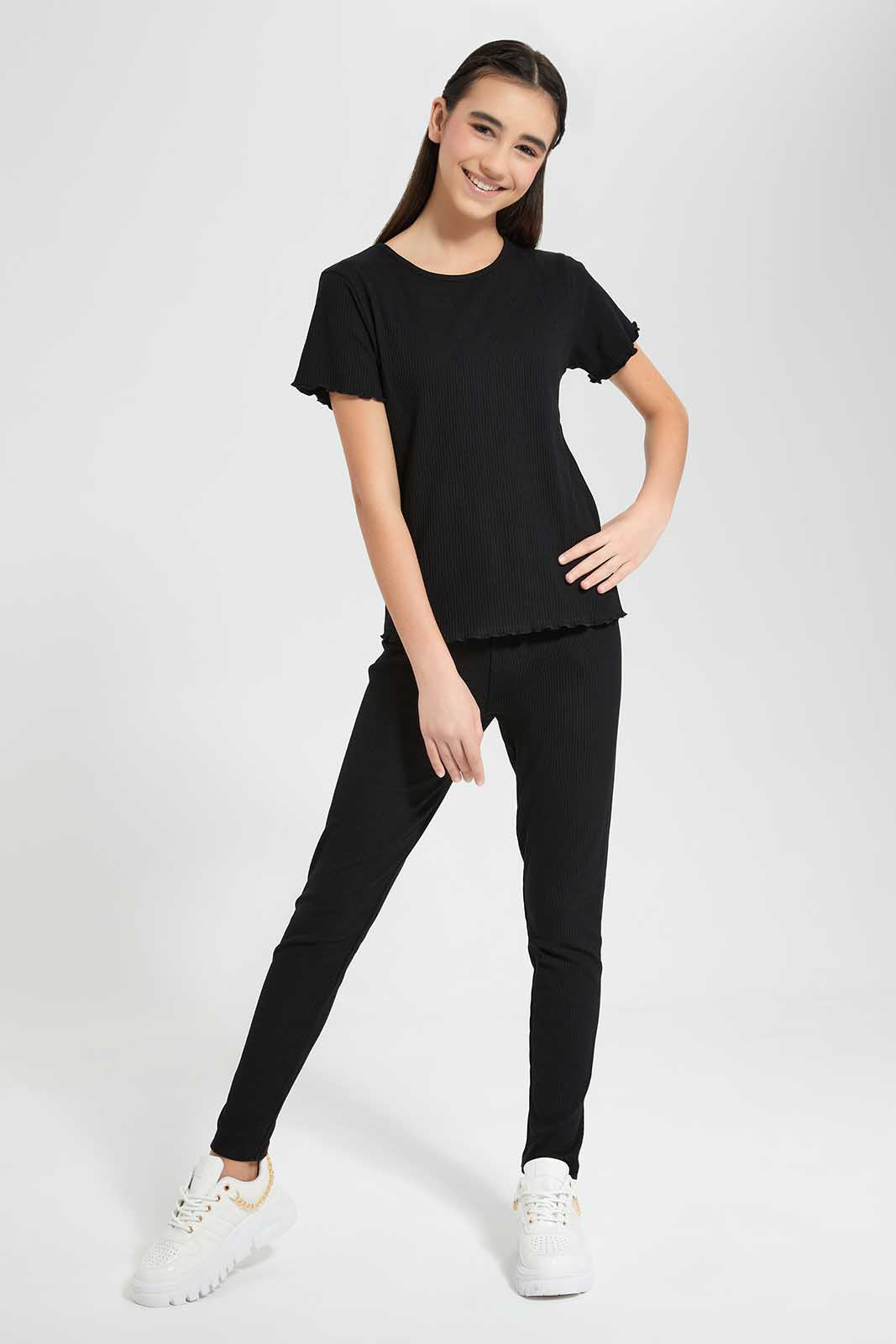 Redtag-Black-Rib-Legging-Category:Leggings,-Colour:Black,-Deals:New-In,-Filter:Senior-Girls-(9-to-14-Yrs),-GSR-Leggings,-New-In-GSR-APL,-Non-Sale,-Section:Girls-(0-to-14Yrs),-TBL,-W22O-Senior-Girls-9 to 14 Years
