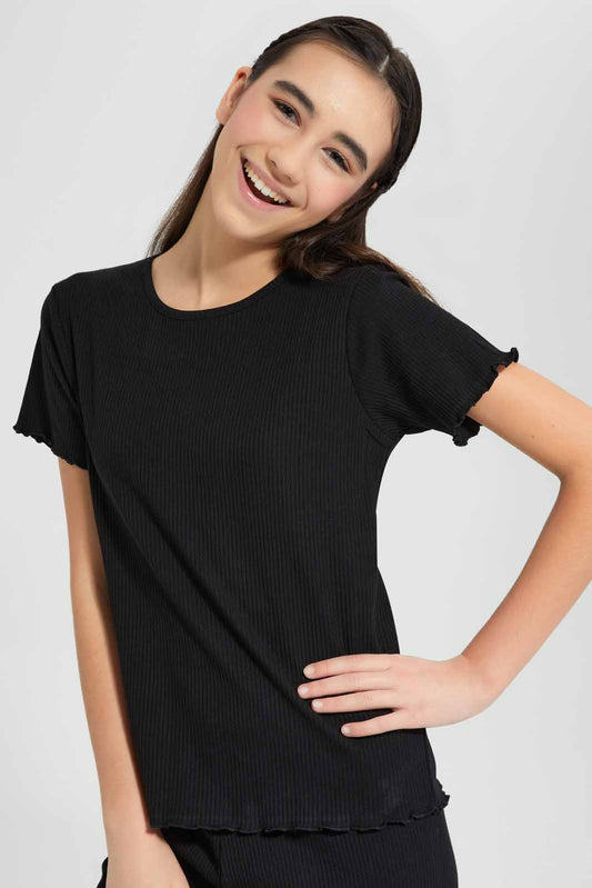 Redtag-Black-Rib-T-Shirt-Category:T-Shirts,-Colour:Black,-Deals:New-In,-Filter:Senior-Girls-(9-to-14-Yrs),-GSR-T-Shirts,-New-In-GSR-APL,-Non-Sale,-Section:Girls-(0-to-14Yrs),-TBL,-W22O-Senior-Girls-9 to 14 Years