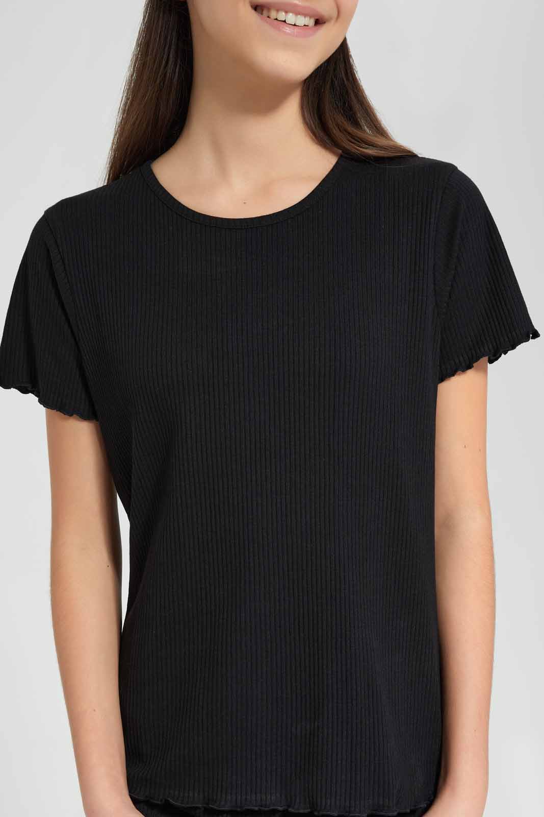 Redtag-Black-Rib-T-Shirt-Category:T-Shirts,-Colour:Black,-Deals:New-In,-Filter:Senior-Girls-(9-to-14-Yrs),-GSR-T-Shirts,-New-In-GSR-APL,-Non-Sale,-Section:Girls-(0-to-14Yrs),-TBL,-W22O-Senior-Girls-9 to 14 Years