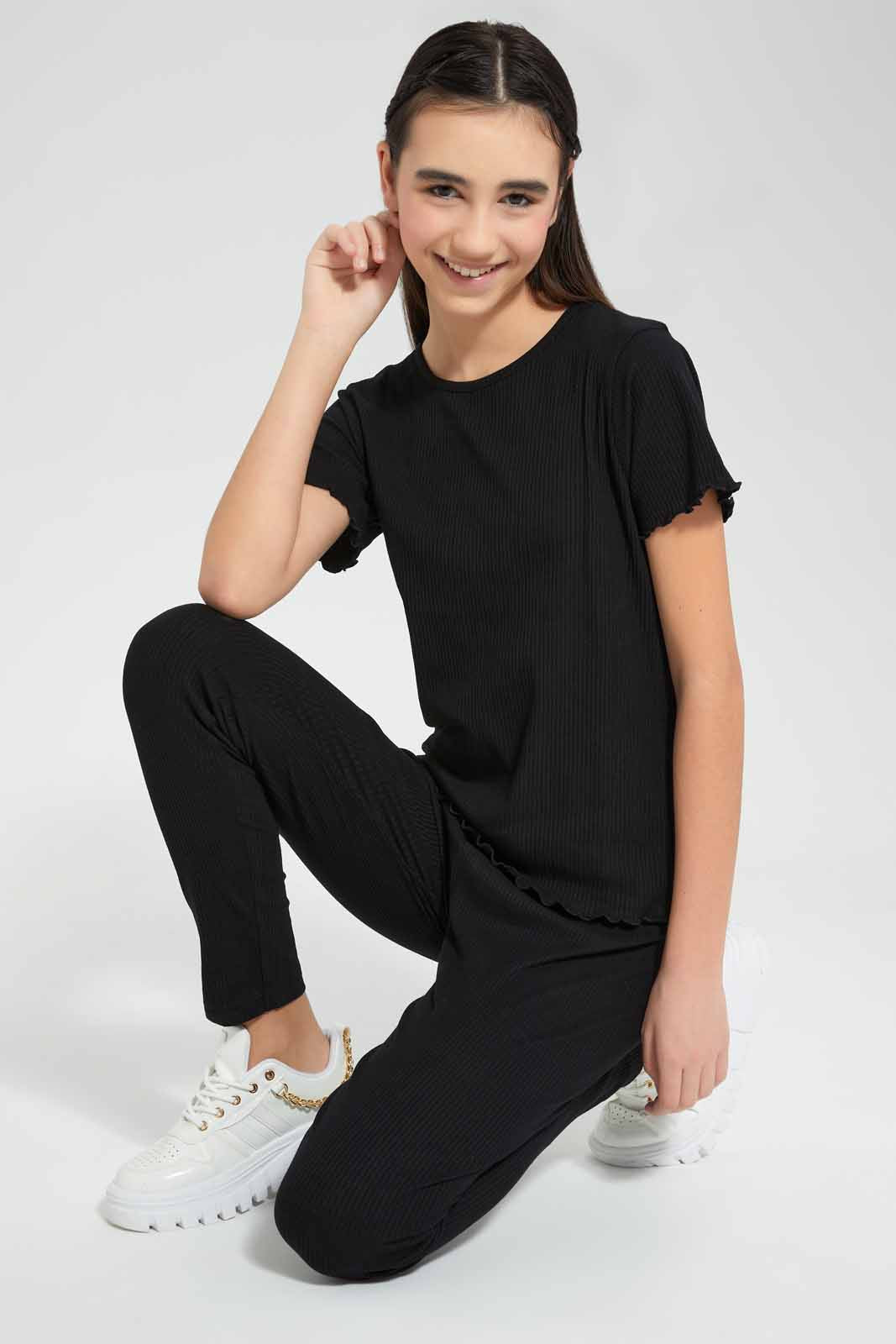Redtag-Black-Rib-T-Shirt-Category:T-Shirts,-Colour:Black,-Deals:New-In,-Filter:Senior-Girls-(9-to-14-Yrs),-GSR-T-Shirts,-New-In-GSR-APL,-Non-Sale,-Section:Girls-(0-to-14Yrs),-TBL,-W22O-Senior-Girls-9 to 14 Years