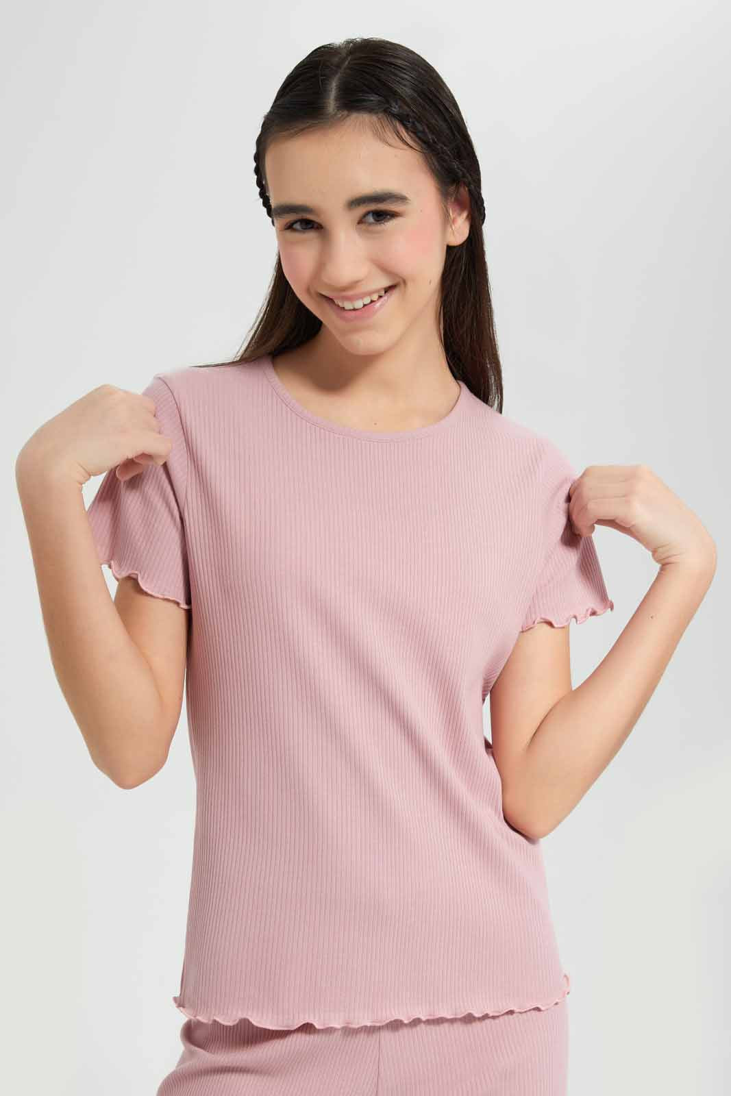 Redtag-Pink-Rib-T-Shirt-Category:T-Shirts,-Colour:Apricot,-Deals:New-In,-Filter:Senior-Girls-(9-to-14-Yrs),-GSR-T-Shirts,-New-In-GSR-APL,-Non-Sale,-Section:Girls-(0-to-14Yrs),-TBL,-W22O-Senior-Girls-9 to 14 Years