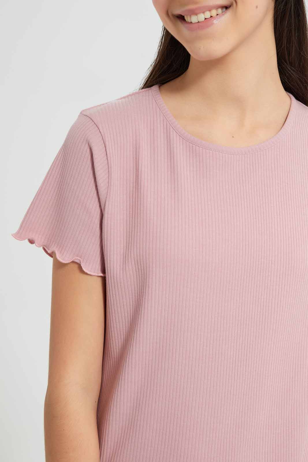 Redtag-Pink-Rib-T-Shirt-Category:T-Shirts,-Colour:Apricot,-Deals:New-In,-Filter:Senior-Girls-(9-to-14-Yrs),-GSR-T-Shirts,-New-In-GSR-APL,-Non-Sale,-Section:Girls-(0-to-14Yrs),-TBL,-W22O-Senior-Girls-9 to 14 Years