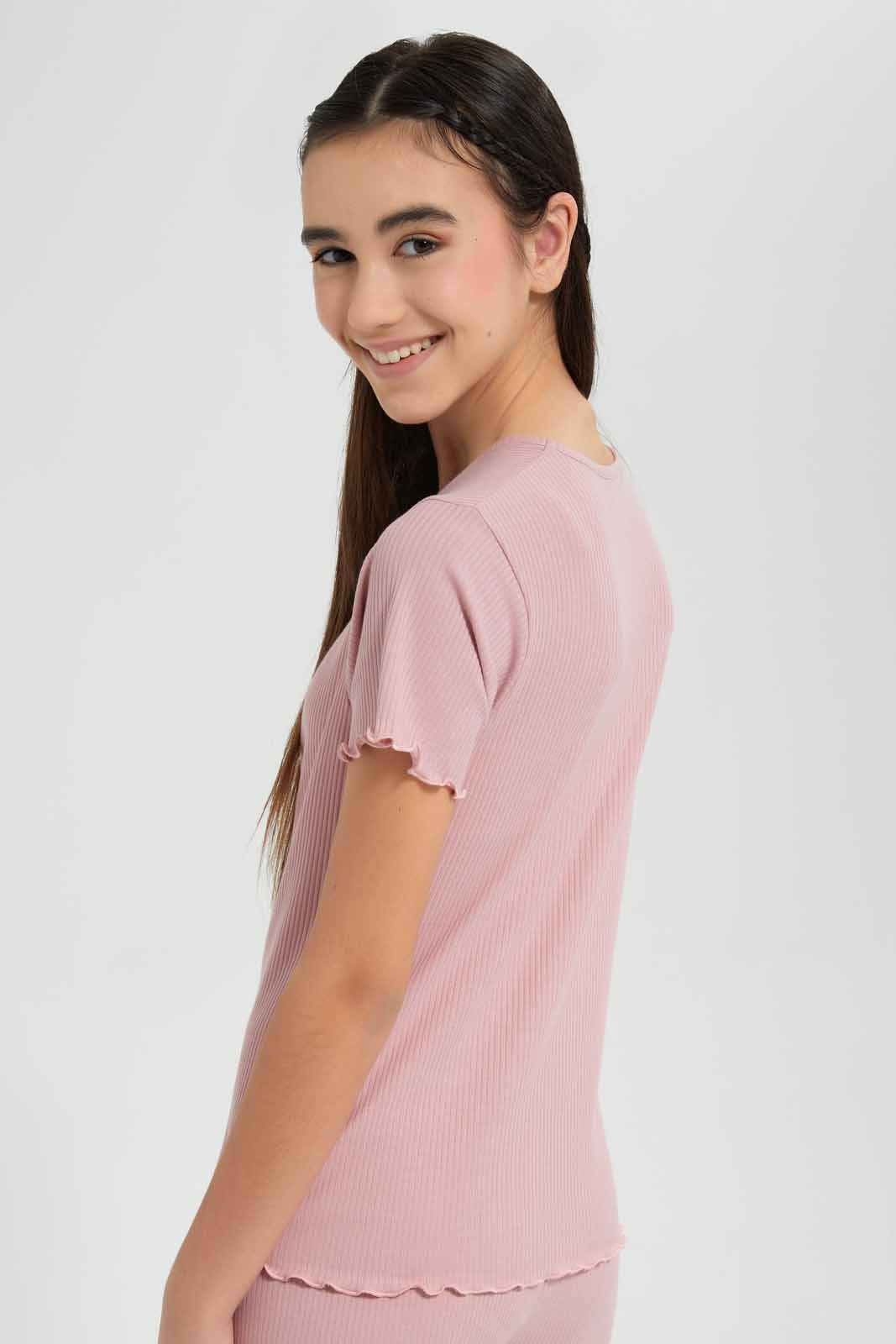 Redtag-Pink-Rib-T-Shirt-Category:T-Shirts,-Colour:Apricot,-Deals:New-In,-Filter:Senior-Girls-(9-to-14-Yrs),-GSR-T-Shirts,-New-In-GSR-APL,-Non-Sale,-Section:Girls-(0-to-14Yrs),-TBL,-W22O-Senior-Girls-9 to 14 Years