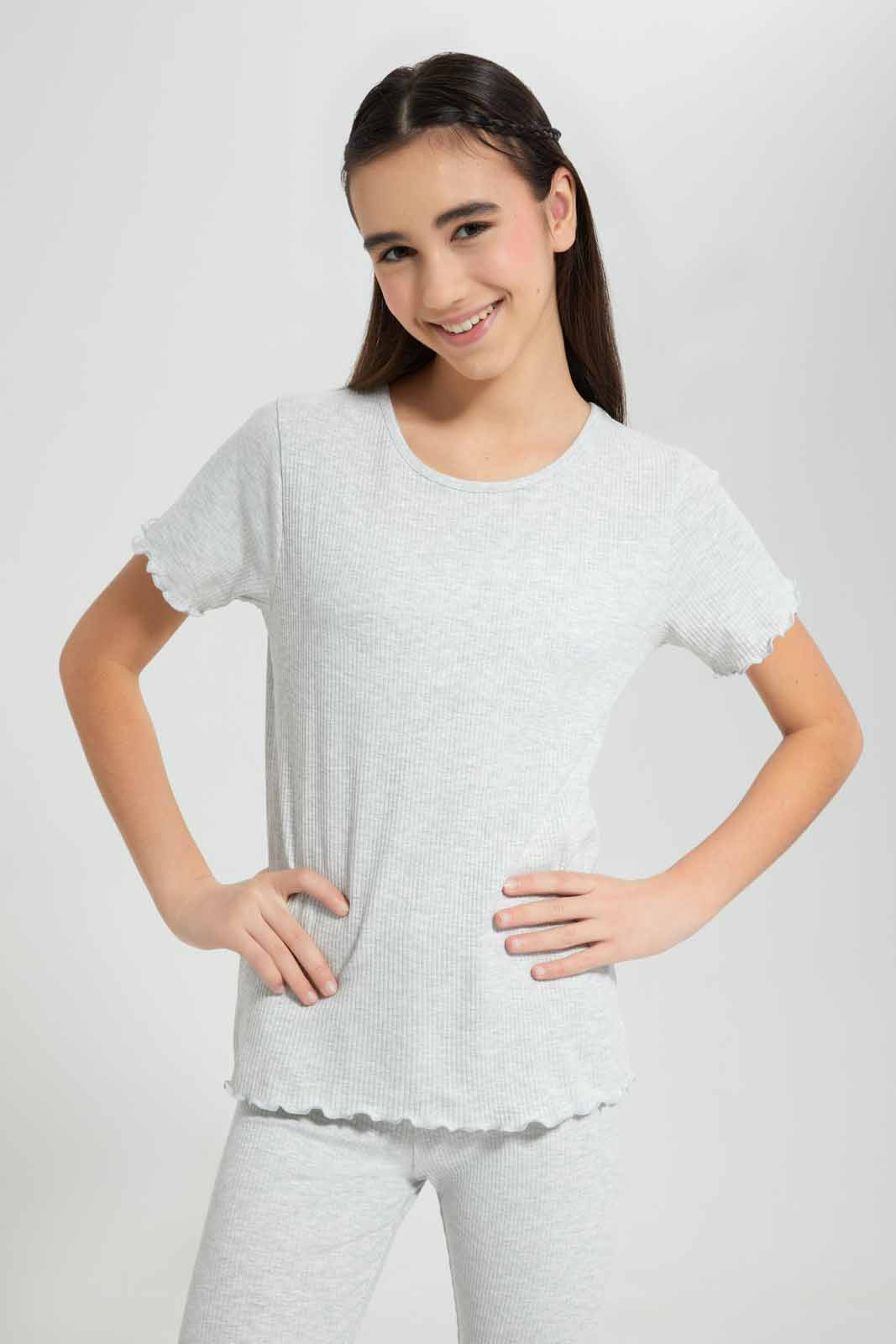 Redtag-Grey-Melange-Rib-T-Shirt-Category:T-Shirts,-Colour:Grey,-Deals:New-In,-Filter:Senior-Girls-(9-to-14-Yrs),-GSR-T-Shirts,-New-In-GSR-APL,-Non-Sale,-Section:Girls-(0-to-14Yrs),-TBL,-W22O-Senior-Girls-9 to 14 Years