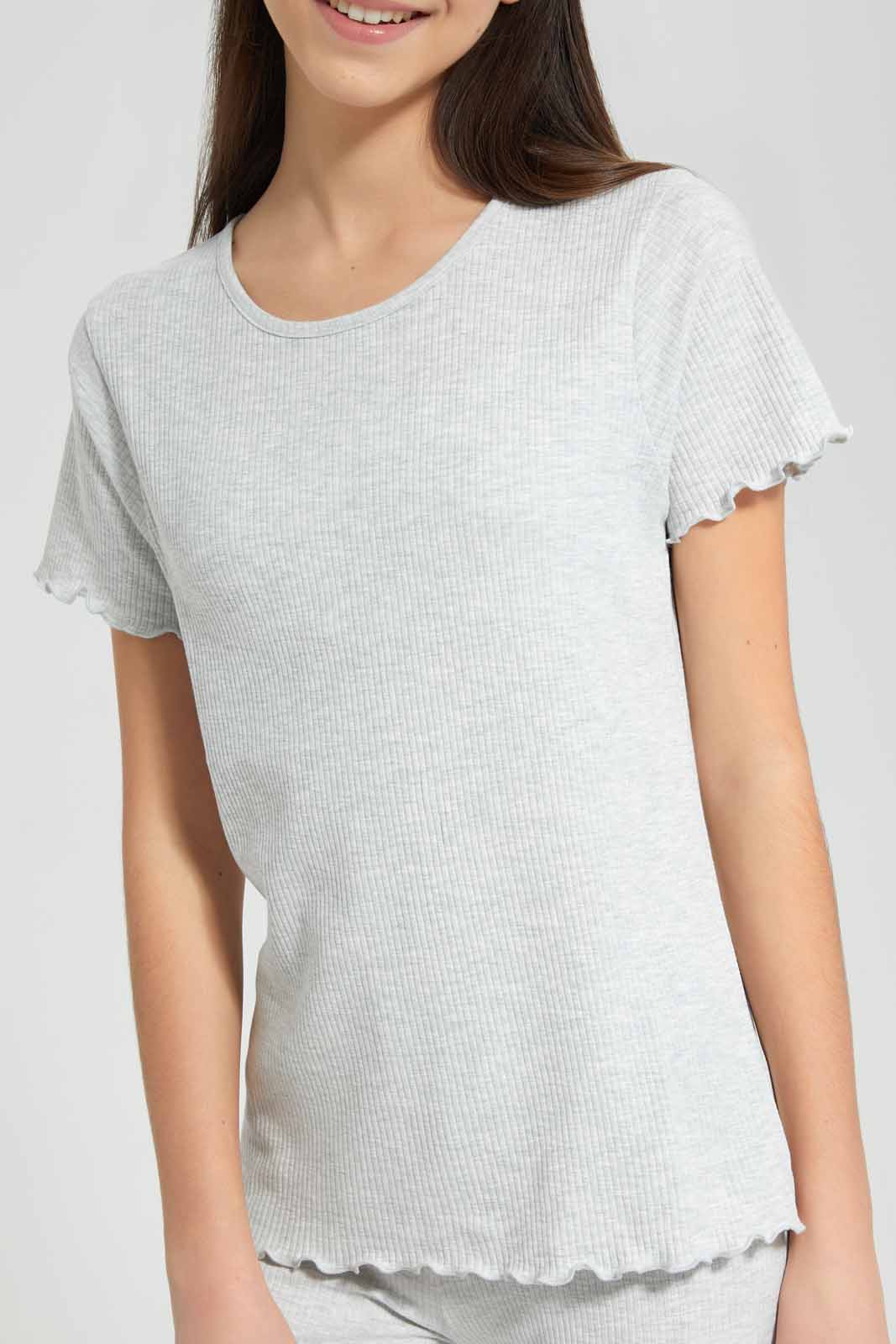 Redtag-Grey-Melange-Rib-T-Shirt-Category:T-Shirts,-Colour:Grey,-Deals:New-In,-Filter:Senior-Girls-(9-to-14-Yrs),-GSR-T-Shirts,-New-In-GSR-APL,-Non-Sale,-Section:Girls-(0-to-14Yrs),-TBL,-W22O-Senior-Girls-9 to 14 Years