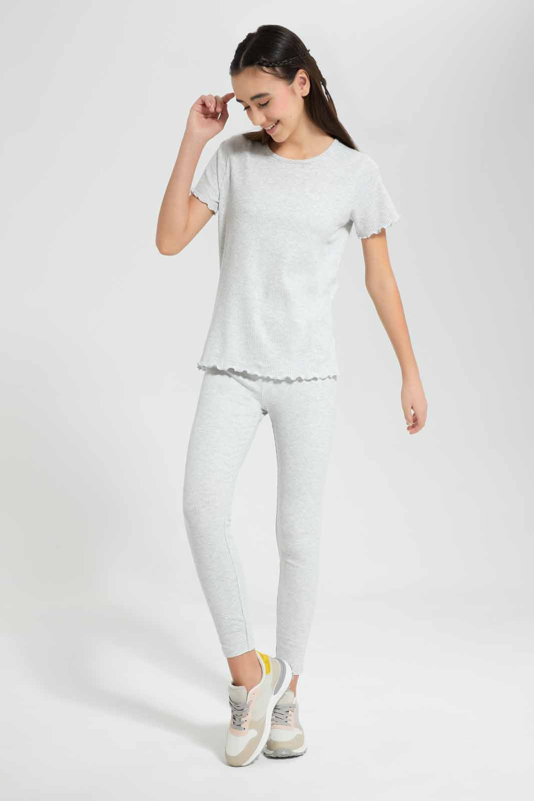 Redtag-Grey-Melange-Rib-T-Shirt-Category:T-Shirts,-Colour:Grey,-Deals:New-In,-Filter:Senior-Girls-(9-to-14-Yrs),-GSR-T-Shirts,-New-In-GSR-APL,-Non-Sale,-Section:Girls-(0-to-14Yrs),-TBL,-W22O-Senior-Girls-9 to 14 Years