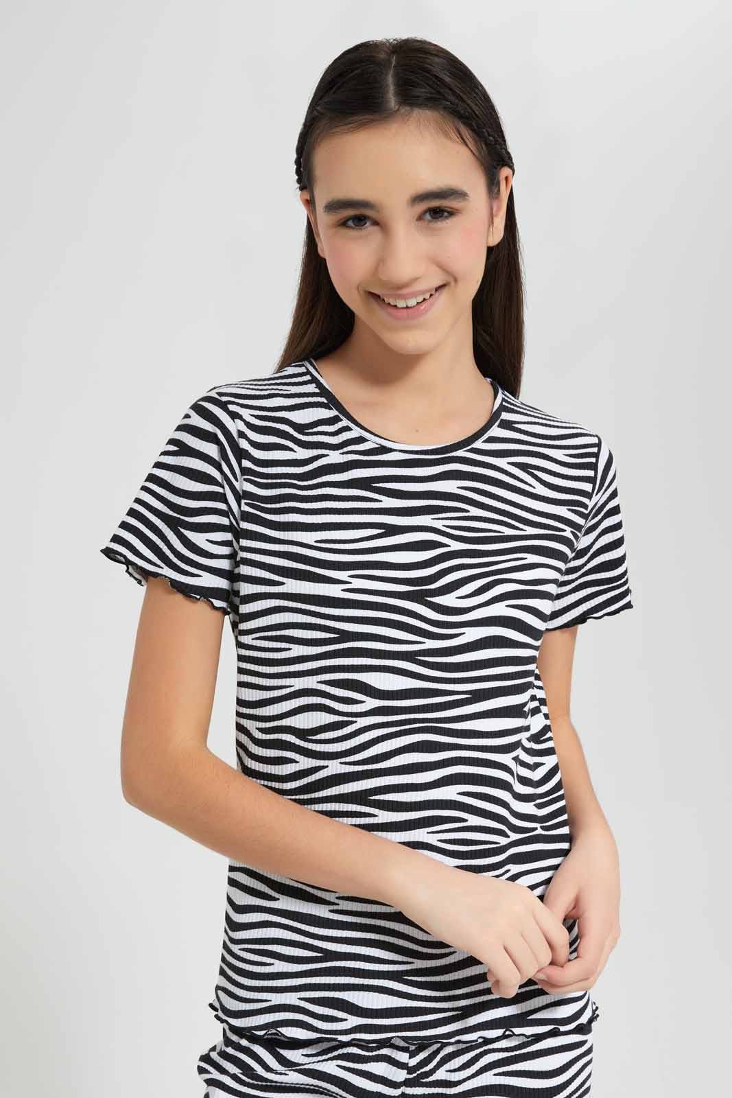 Redtag-Assorted-White/Black-Zebra-Print-Rib-T-Shirt-Category:T-Shirts,-Colour:Assorted,-Deals:New-In,-Filter:Senior-Girls-(9-to-14-Yrs),-GSR-T-Shirts,-New-In-GSR-APL,-Non-Sale,-Section:Girls-(0-to-14Yrs),-TBL,-W22O-Senior-Girls-9 to 14 Years