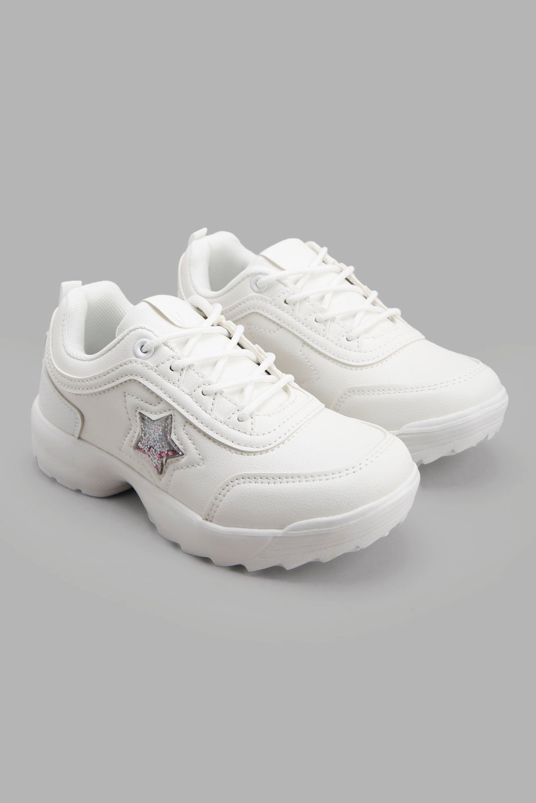 Redtag-White-Star-Trim-Chunky-Sneaker-Category:Trainers,-Colour:White,-Deals:New-In,-Filter:Girls-Footwear-(5-to-14-Yrs),-GSR-Trainers,-New-In-GSR-FOO,-Non-Sale,-Section:Girls-(0-to-14Yrs),-W22A-Senior-Girls-5 to 14 Years