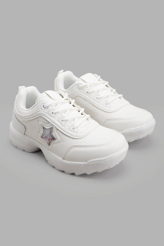 Redtag-White-Star-Trim-Chunky-Sneaker-Category:Trainers,-Colour:White,-Deals:New-In,-Filter:Girls-Footwear-(5-to-14-Yrs),-GSR-Trainers,-New-In-GSR-FOO,-Non-Sale,-Section:Girls-(0-to-14Yrs),-W22A-Senior-Girls-5 to 14 Years