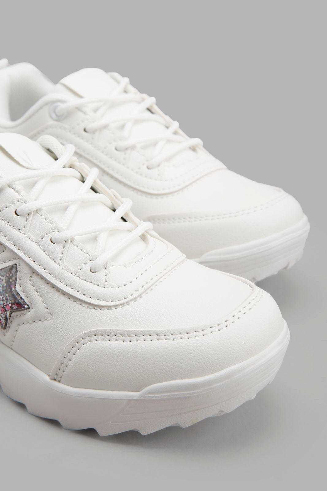 Redtag-White-Star-Trim-Chunky-Sneaker-Category:Trainers,-Colour:White,-Deals:New-In,-Filter:Girls-Footwear-(5-to-14-Yrs),-GSR-Trainers,-New-In-GSR-FOO,-Non-Sale,-Section:Girls-(0-to-14Yrs),-W22A-Senior-Girls-5 to 14 Years