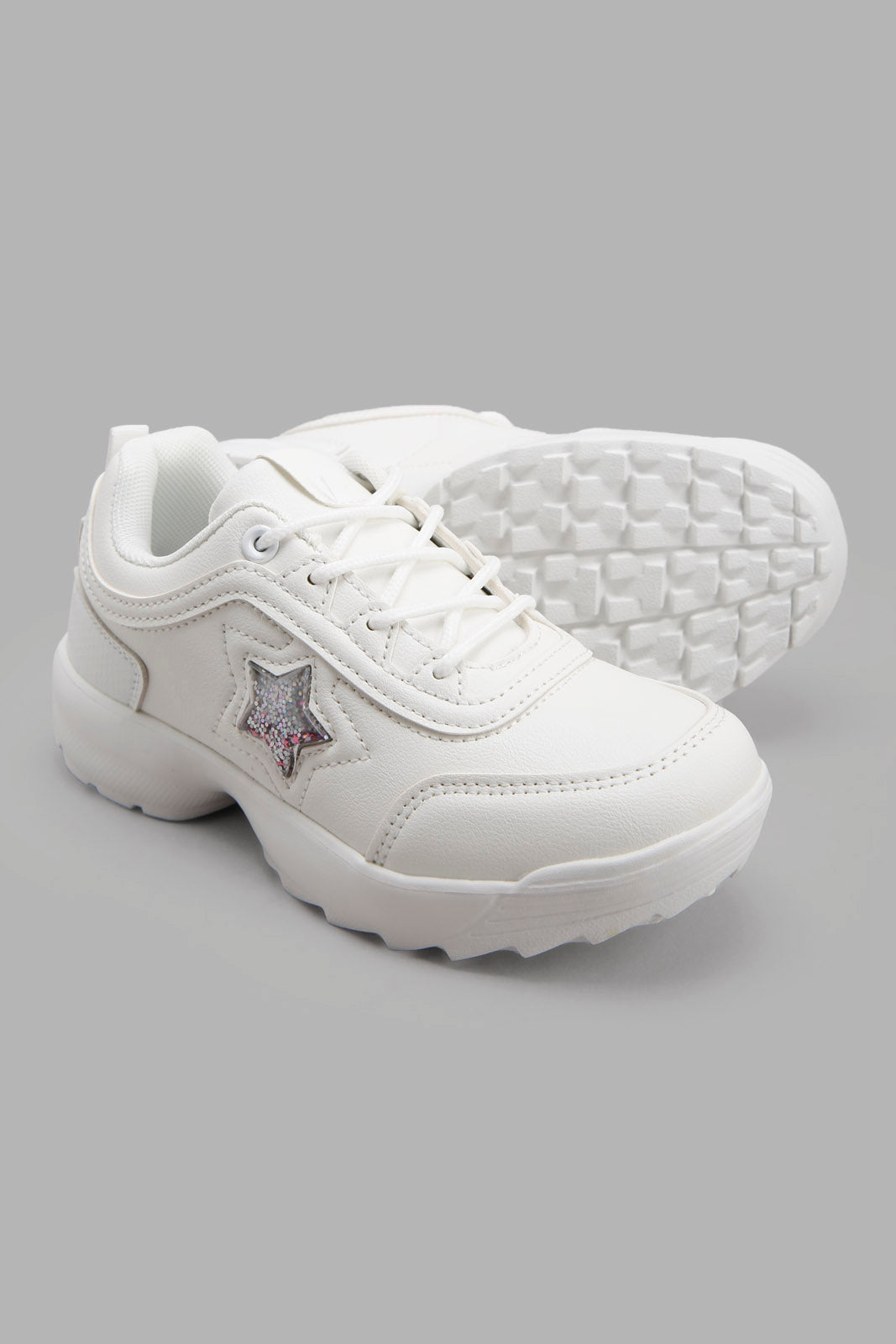 Redtag-White-Star-Trim-Chunky-Sneaker-Category:Trainers,-Colour:White,-Deals:New-In,-Filter:Girls-Footwear-(5-to-14-Yrs),-GSR-Trainers,-New-In-GSR-FOO,-Non-Sale,-Section:Girls-(0-to-14Yrs),-W22A-Senior-Girls-5 to 14 Years