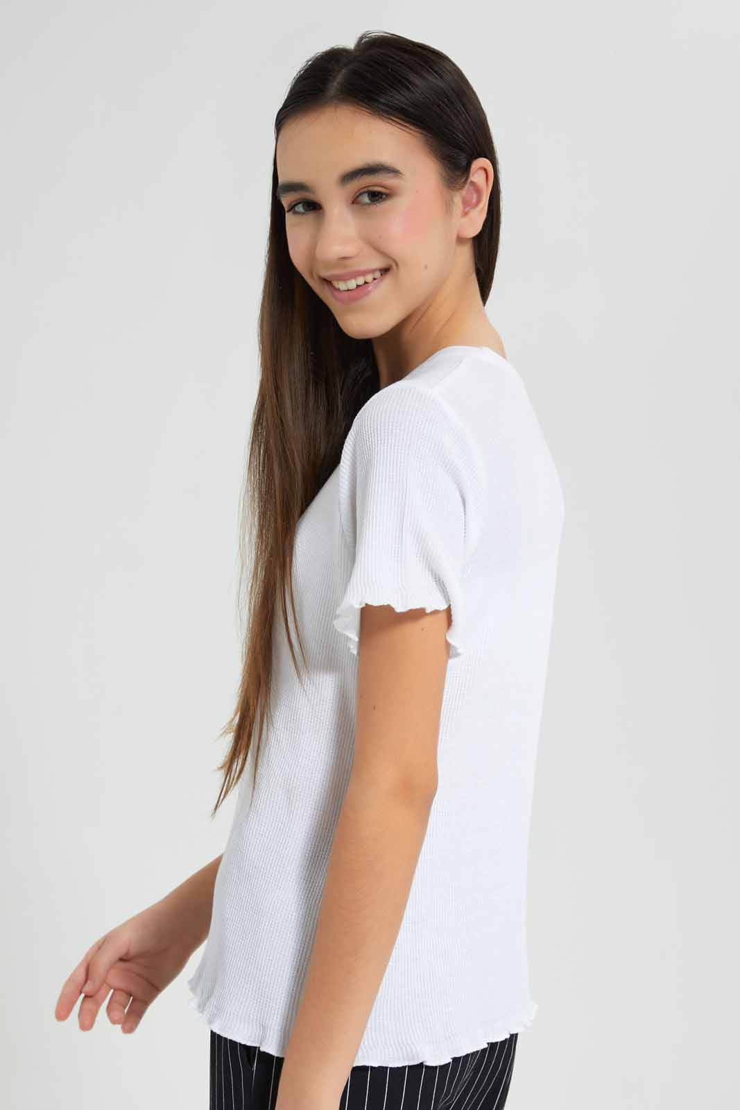 Redtag-White-Waffle-Embroidered-Top-Category:T-Shirts,-Colour:White,-Deals:New-In,-Filter:Senior-Girls-(9-to-14-Yrs),-GSR-T-Shirts,-New-In-GSR-APL,-Non-Sale,-Section:Girls-(0-to-14Yrs),-TBL,-W22O-Senior-Girls-9 to 14 Years