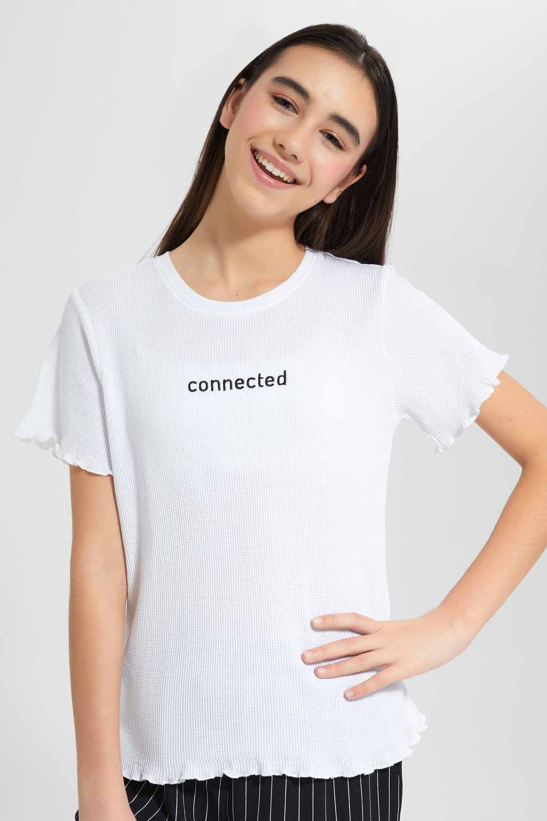 Redtag-White-Waffle-Embroidered-Top-Category:T-Shirts,-Colour:White,-Deals:New-In,-Filter:Senior-Girls-(9-to-14-Yrs),-GSR-T-Shirts,-New-In-GSR-APL,-Non-Sale,-Section:Girls-(0-to-14Yrs),-TBL,-W22O-Senior-Girls-9 to 14 Years
