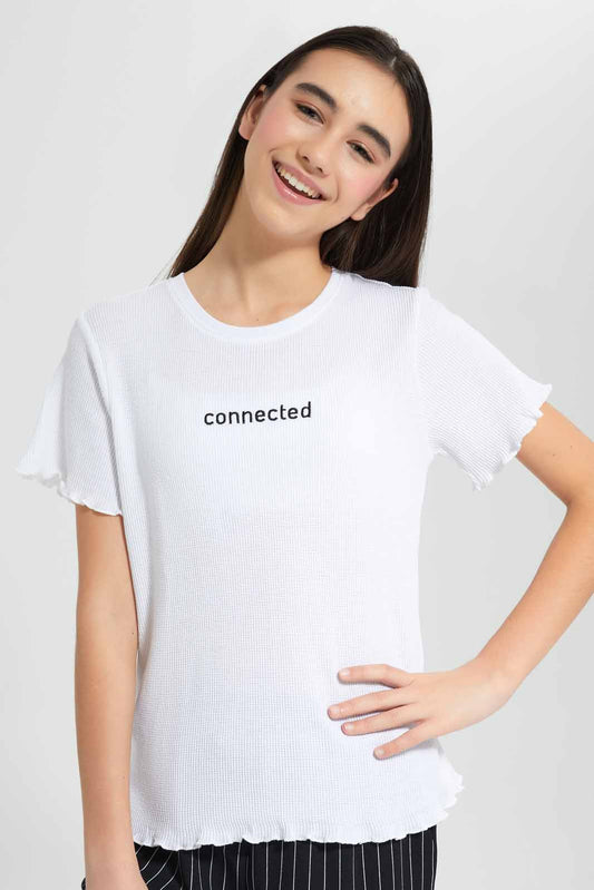 Redtag-White-Waffle-Embroidered-Top-Category:T-Shirts,-Colour:White,-Deals:New-In,-Filter:Senior-Girls-(9-to-14-Yrs),-GSR-T-Shirts,-New-In-GSR-APL,-Non-Sale,-Section:Girls-(0-to-14Yrs),-TBL,-W22O-Senior-Girls-9 to 14 Years