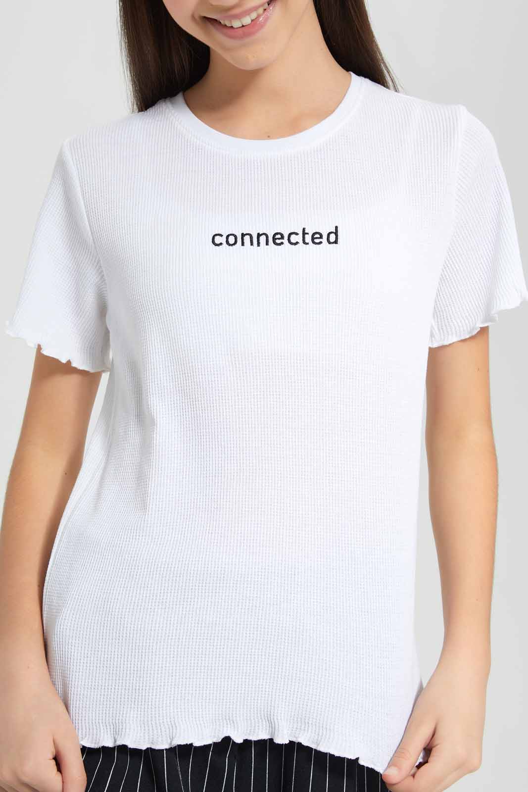 Redtag-White-Waffle-Embroidered-Top-Category:T-Shirts,-Colour:White,-Deals:New-In,-Filter:Senior-Girls-(9-to-14-Yrs),-GSR-T-Shirts,-New-In-GSR-APL,-Non-Sale,-Section:Girls-(0-to-14Yrs),-TBL,-W22O-Senior-Girls-9 to 14 Years