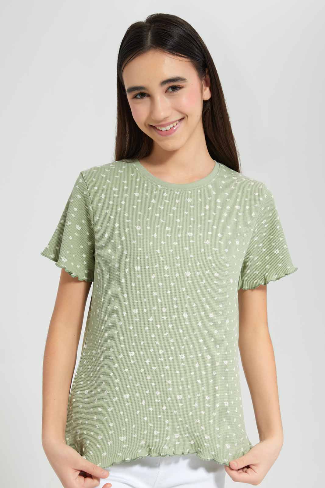 Redtag-Mint-Ditsy-Print-Waffle-Top-Category:T-Shirts,-Colour:Assorted,-Deals:New-In,-Filter:Senior-Girls-(9-to-14-Yrs),-GSR-T-Shirts,-New-In-GSR-APL,-Non-Sale,-Section:Girls-(0-to-14Yrs),-TBL,-W22O-Senior-Girls-9 to 14 Years