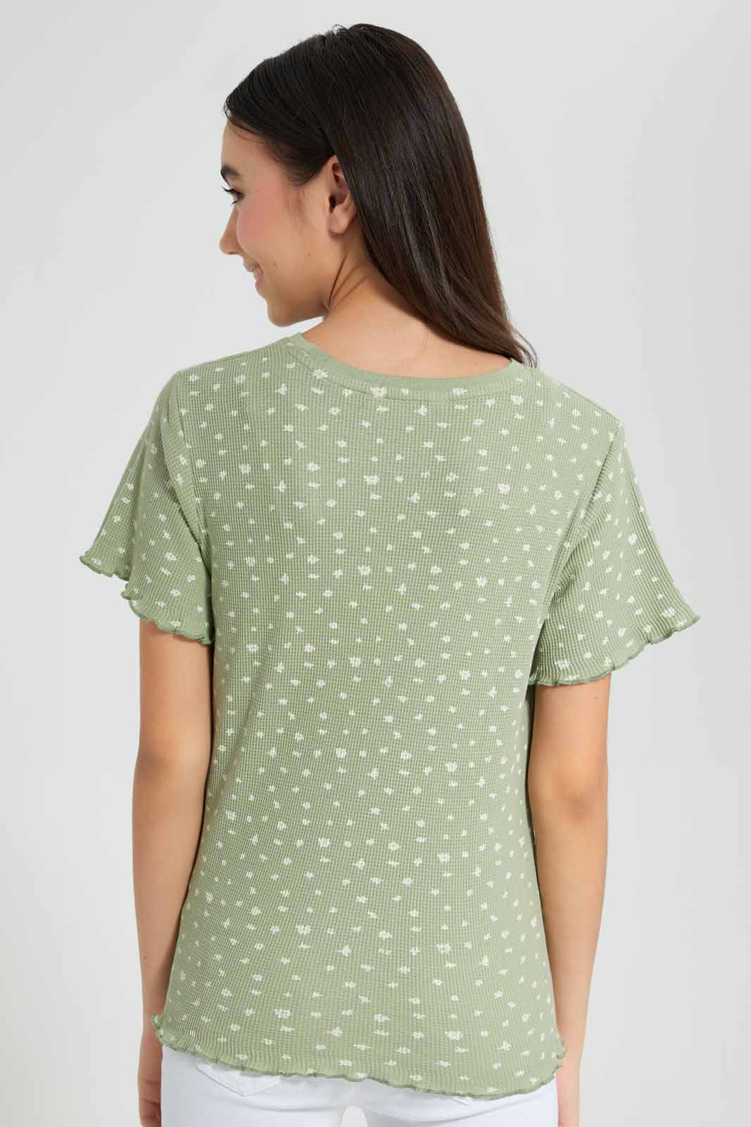 Redtag-Mint-Ditsy-Print-Waffle-Top-Category:T-Shirts,-Colour:Assorted,-Deals:New-In,-Filter:Senior-Girls-(9-to-14-Yrs),-GSR-T-Shirts,-New-In-GSR-APL,-Non-Sale,-Section:Girls-(0-to-14Yrs),-TBL,-W22O-Senior-Girls-9 to 14 Years