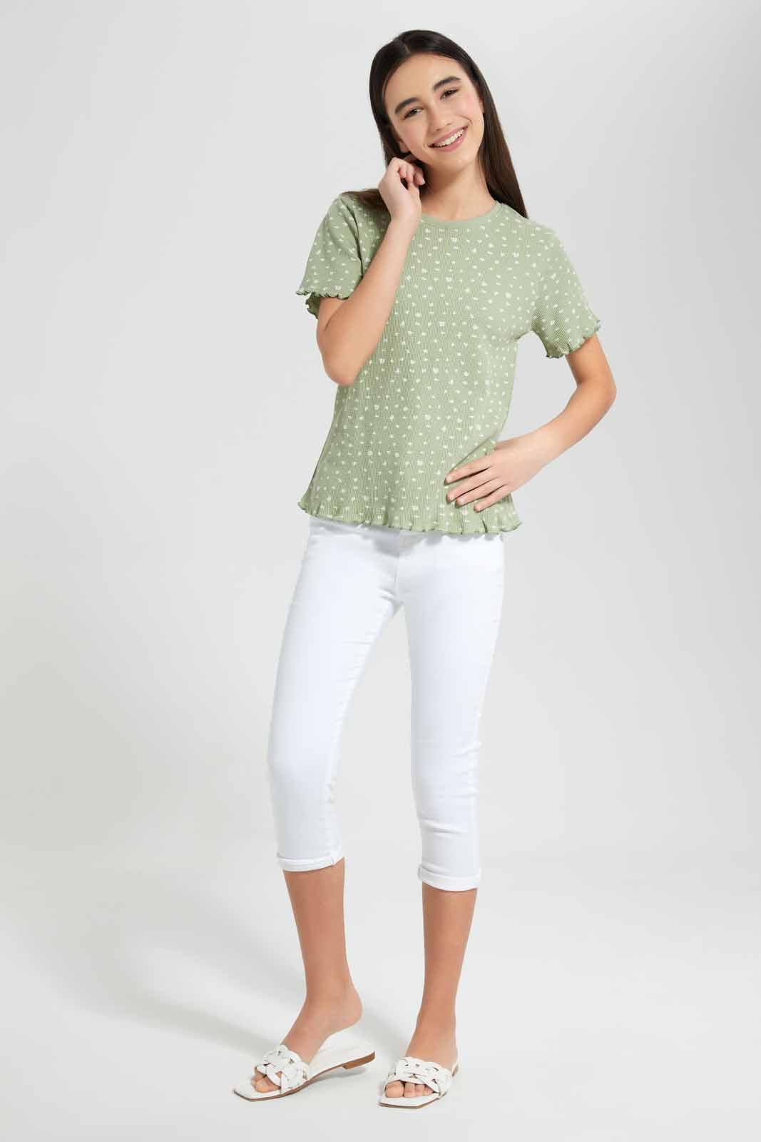 Redtag-Mint-Ditsy-Print-Waffle-Top-Category:T-Shirts,-Colour:Assorted,-Deals:New-In,-Filter:Senior-Girls-(9-to-14-Yrs),-GSR-T-Shirts,-New-In-GSR-APL,-Non-Sale,-Section:Girls-(0-to-14Yrs),-TBL,-W22O-Senior-Girls-9 to 14 Years