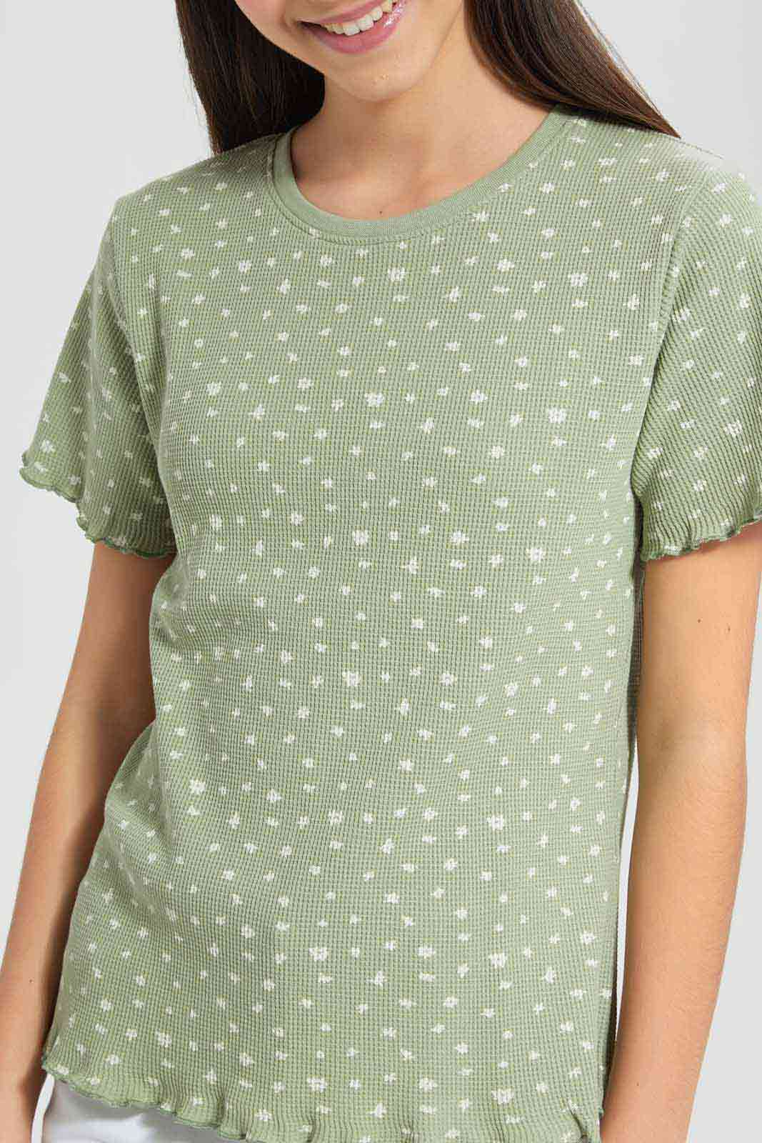 Redtag-Mint-Ditsy-Print-Waffle-Top-Category:T-Shirts,-Colour:Assorted,-Deals:New-In,-Filter:Senior-Girls-(9-to-14-Yrs),-GSR-T-Shirts,-New-In-GSR-APL,-Non-Sale,-Section:Girls-(0-to-14Yrs),-TBL,-W22O-Senior-Girls-9 to 14 Years