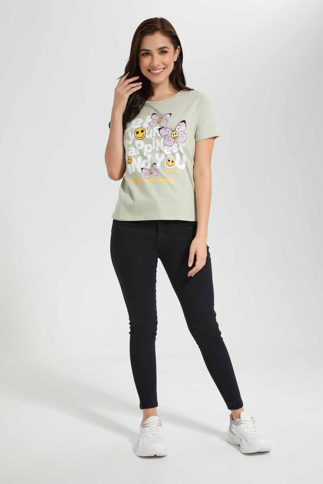 Redtag-Dark-Green-Smiley-Printed-T-Shirt-Category:T-Shirts,-CHR,-Colour:Olive,-Deals:New-In,-Filter:Women's-Clothing,-New-In-Women,-Non-Sale,-Section:Women,-TBL,-W22O,-Women-T-Shirts-Women's-