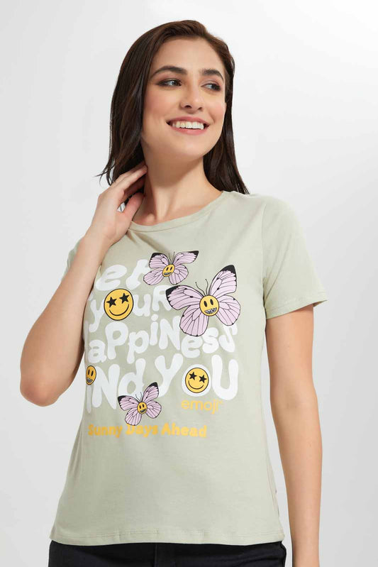 Redtag-Dark-Green-Smiley-Printed-T-Shirt-Category:T-Shirts,-CHR,-Colour:Olive,-Deals:New-In,-Filter:Women's-Clothing,-New-In-Women,-Non-Sale,-Section:Women,-TBL,-W22O,-Women-T-Shirts-Women's-