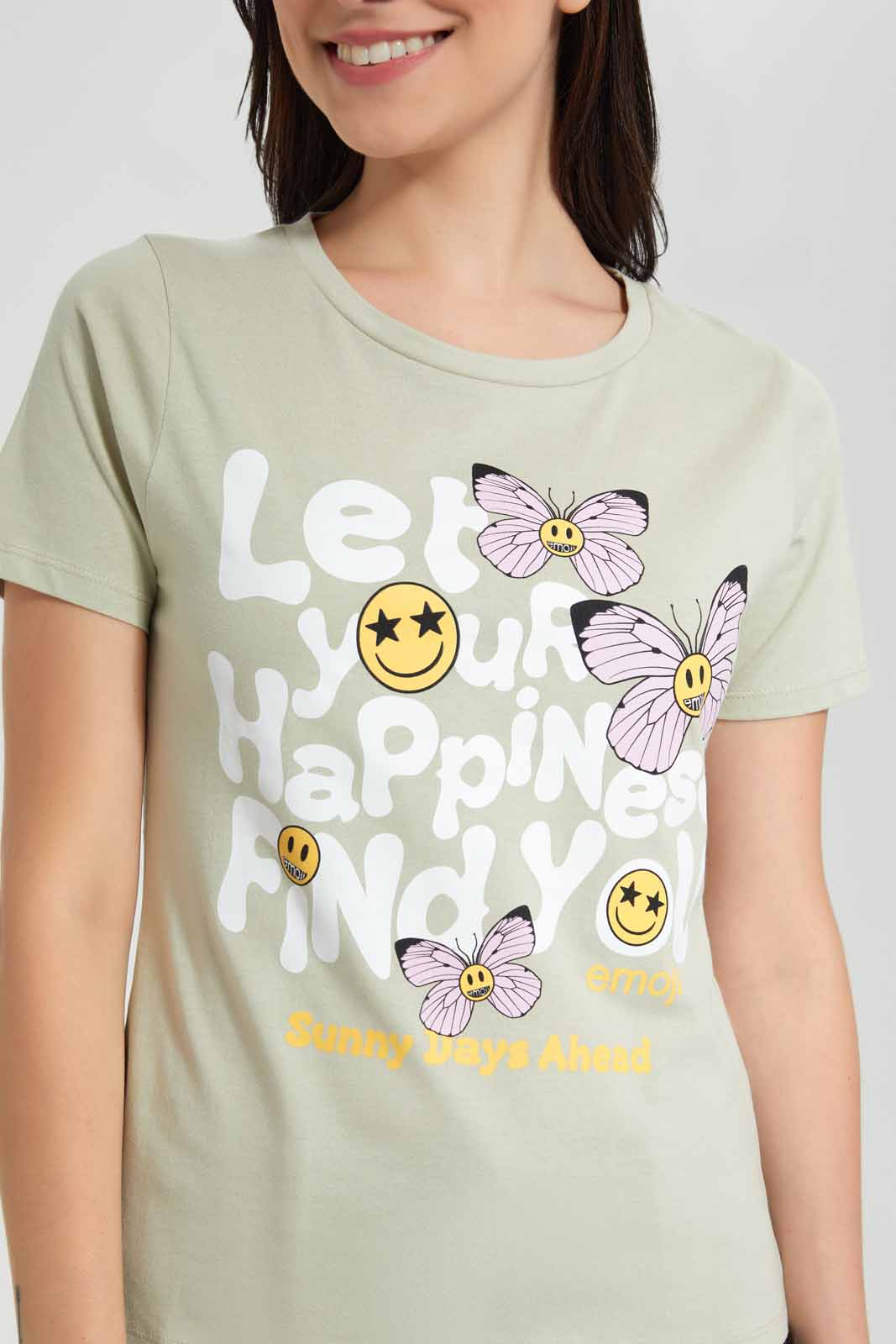 Redtag-Dark-Green-Smiley-Printed-T-Shirt-Category:T-Shirts,-CHR,-Colour:Olive,-Deals:New-In,-Filter:Women's-Clothing,-New-In-Women,-Non-Sale,-Section:Women,-TBL,-W22O,-Women-T-Shirts-Women's-