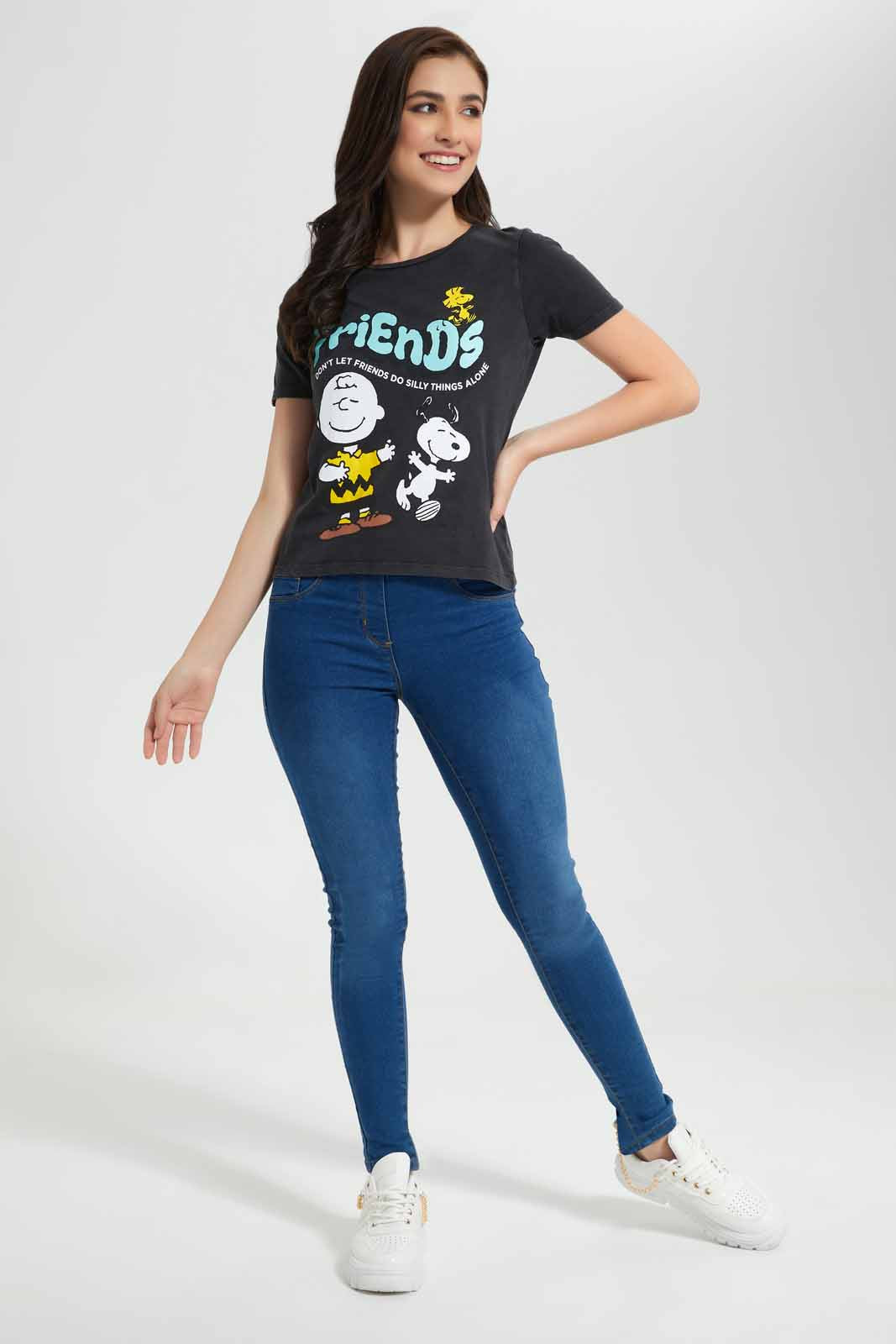 Redtag-Charcoal-Peanuts-Printed-T-Shirt-Category:T-Shirts,-CHR,-Colour:Charcoal,-Deals:New-In,-Filter:Women's-Clothing,-New-In-Women,-Non-Sale,-Section:Women,-TBL,-W22O,-Women-T-Shirts-Women's-