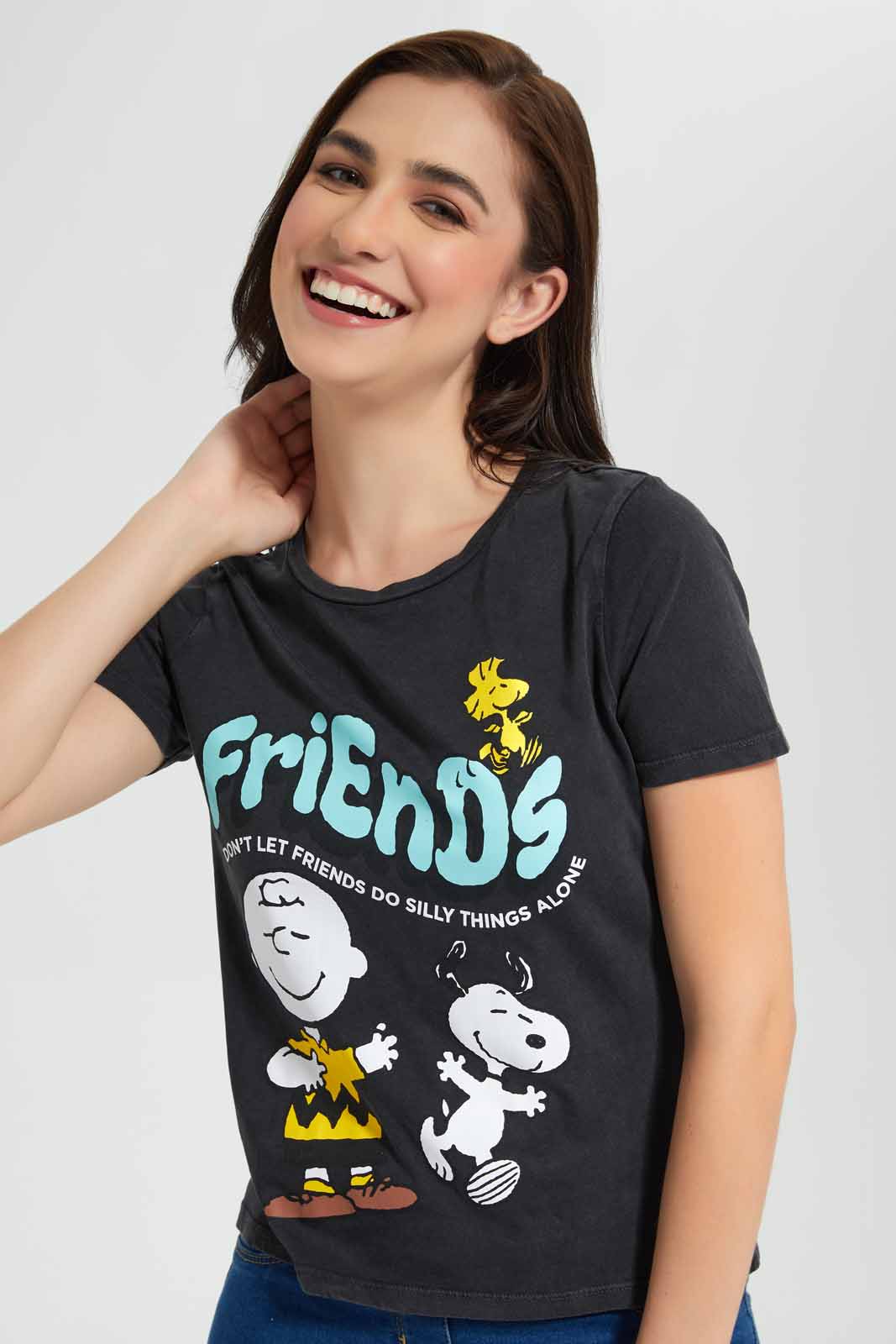 Redtag-Charcoal-Peanuts-Printed-T-Shirt-Category:T-Shirts,-CHR,-Colour:Charcoal,-Deals:New-In,-Filter:Women's-Clothing,-New-In-Women,-Non-Sale,-Section:Women,-TBL,-W22O,-Women-T-Shirts-Women's-