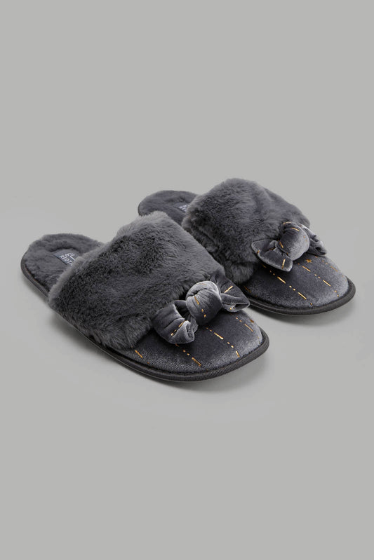 Redtag-Grey-Bow-Trim-Slipper-Category:Slippers,-Colour:Grey,-Deals:New-In,-Filter:Women's-Footwear,-New-In-Women-FOO,-Non-Sale,-Section:Women,-W22A,-Women-Slippers-Women's-