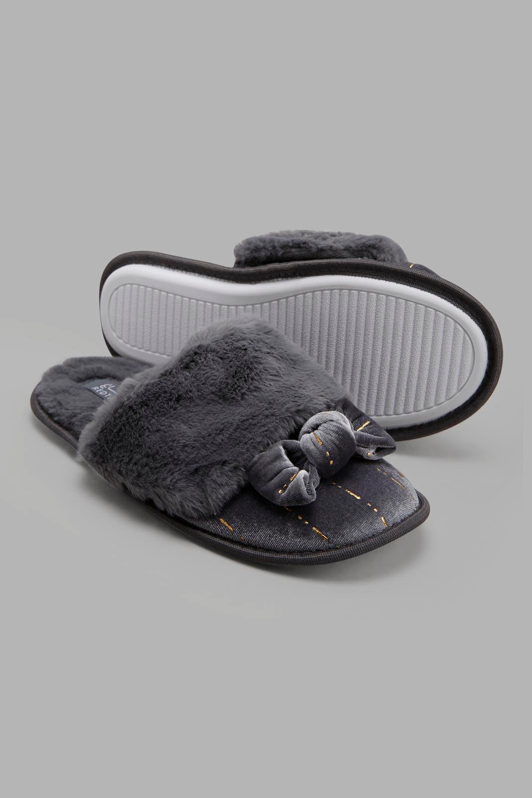 Redtag-Grey-Bow-Trim-Slipper-Category:Slippers,-Colour:Grey,-Deals:New-In,-Filter:Women's-Footwear,-New-In-Women-FOO,-Non-Sale,-Section:Women,-W22A,-Women-Slippers-Women's-