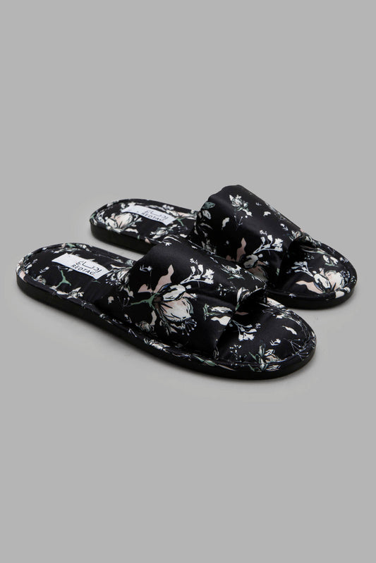 Redtag-Black-Floral-Slipper-Category:Slippers,-Colour:Black,-Deals:New-In,-Filter:Women's-Footwear,-New-In-Women-FOO,-Non-Sale,-Section:Women,-W22A,-Women-Slippers-Women's-