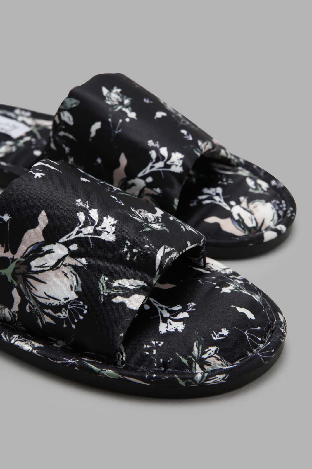 Redtag-Black-Floral-Slipper-Category:Slippers,-Colour:Black,-Deals:New-In,-Filter:Women's-Footwear,-New-In-Women-FOO,-Non-Sale,-Section:Women,-W22A,-Women-Slippers-Women's-