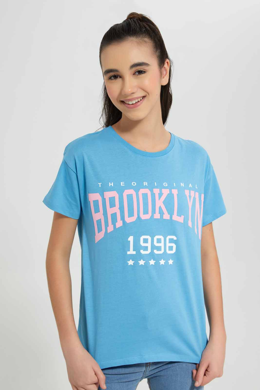 Redtag-Blue-Crop-Ringer-T-Shirt-T-Shirt-Category:T-Shirts,-Colour:Blue,-Deals:New-In,-Filter:Senior-Girls-(9-to-14-Yrs),-GSR-T-Shirts,-New-In-GSR-APL,-Non-Sale,-Section:Girls-(0-to-14Yrs),-TBL,-W22O-Senior-Girls-9 to 14 Years