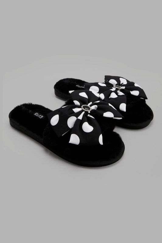 Redtag-Black-Slipper-With-Bow-Trim-Category:Slippers,-Colour:Black,-Deals:New-In,-Filter:Women's-Footwear,-New-In-Women-FOO,-Non-Sale,-Section:Women,-W22A,-Women-Slippers-Women's-