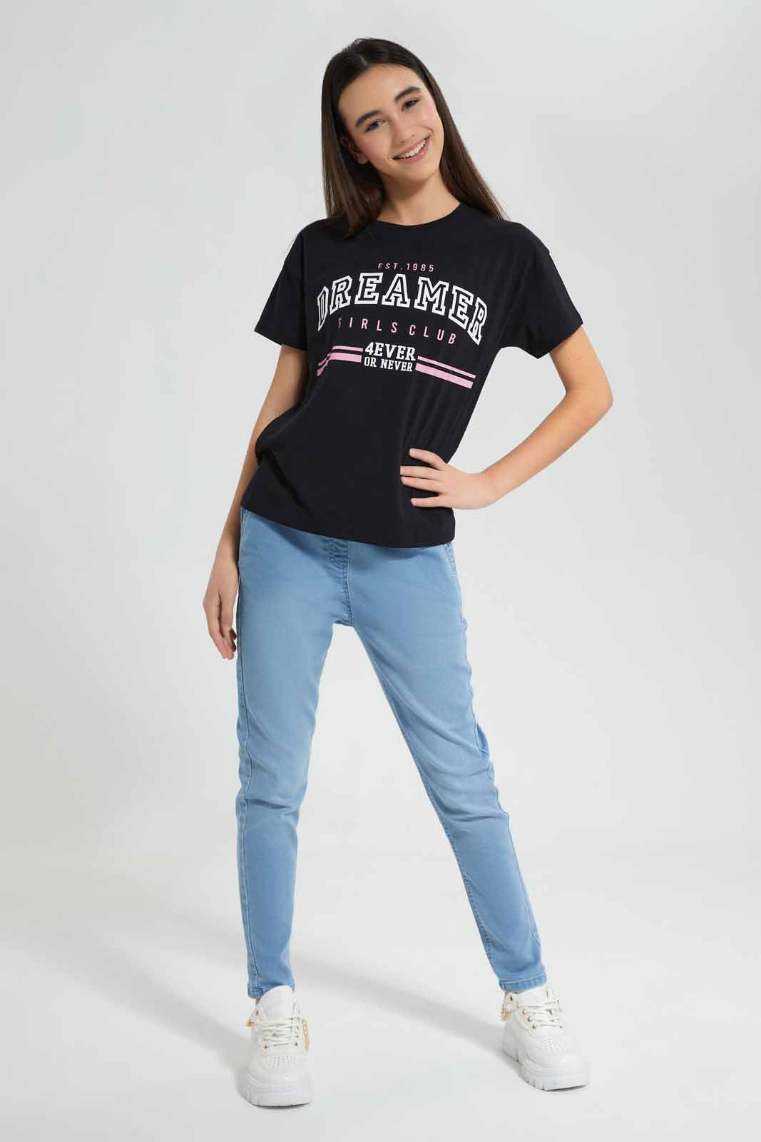Redtag-Black-Varsity-Boxy-Top-Category:T-Shirts,-Colour:Black,-Deals:New-In,-Filter:Senior-Girls-(9-to-14-Yrs),-GSR-T-Shirts,-New-In-GSR-APL,-Non-Sale,-Section:Girls-(0-to-14Yrs),-TBL,-W22O-Senior-Girls-9 to 14 Years