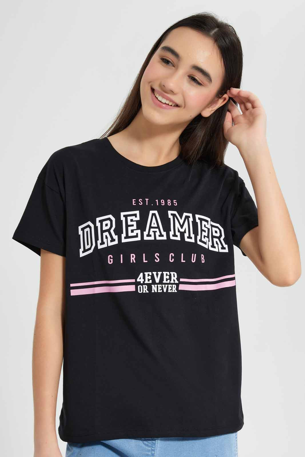 Redtag-Black-Varsity-Boxy-Top-Category:T-Shirts,-Colour:Black,-Deals:New-In,-Filter:Senior-Girls-(9-to-14-Yrs),-GSR-T-Shirts,-New-In-GSR-APL,-Non-Sale,-Section:Girls-(0-to-14Yrs),-TBL,-W22O-Senior-Girls-9 to 14 Years
