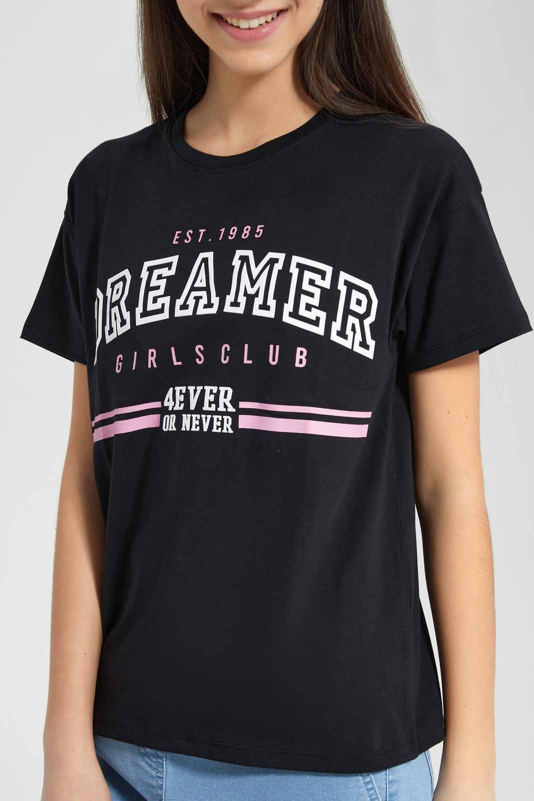 Redtag-Black-Varsity-Boxy-Top-Category:T-Shirts,-Colour:Black,-Deals:New-In,-Filter:Senior-Girls-(9-to-14-Yrs),-GSR-T-Shirts,-New-In-GSR-APL,-Non-Sale,-Section:Girls-(0-to-14Yrs),-TBL,-W22O-Senior-Girls-9 to 14 Years