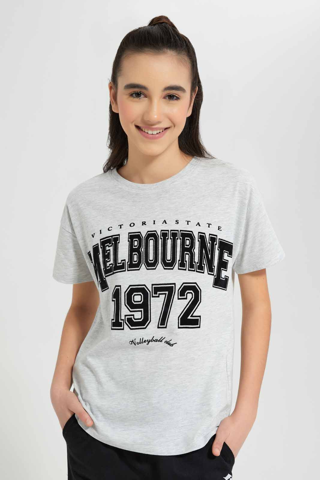 Redtag-Grey-Melange-Varsity-Boxy-Top-Category:T-Shirts,-Colour:Grey,-Deals:New-In,-Filter:Senior-Girls-(9-to-14-Yrs),-GSR-T-Shirts,-New-In-GSR-APL,-Non-Sale,-Section:Girls-(0-to-14Yrs),-TBL,-W22O-Senior-Girls-9 to 14 Years