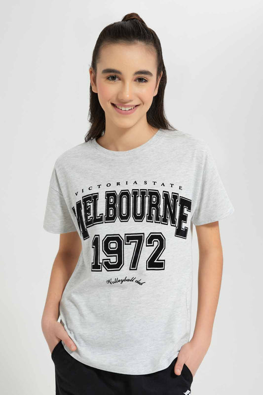 Redtag-Grey-Melange-Varsity-Boxy-Top-Category:T-Shirts,-Colour:Grey,-Deals:New-In,-Filter:Senior-Girls-(9-to-14-Yrs),-GSR-T-Shirts,-New-In-GSR-APL,-Non-Sale,-Section:Girls-(0-to-14Yrs),-TBL,-W22O-Senior-Girls-9 to 14 Years