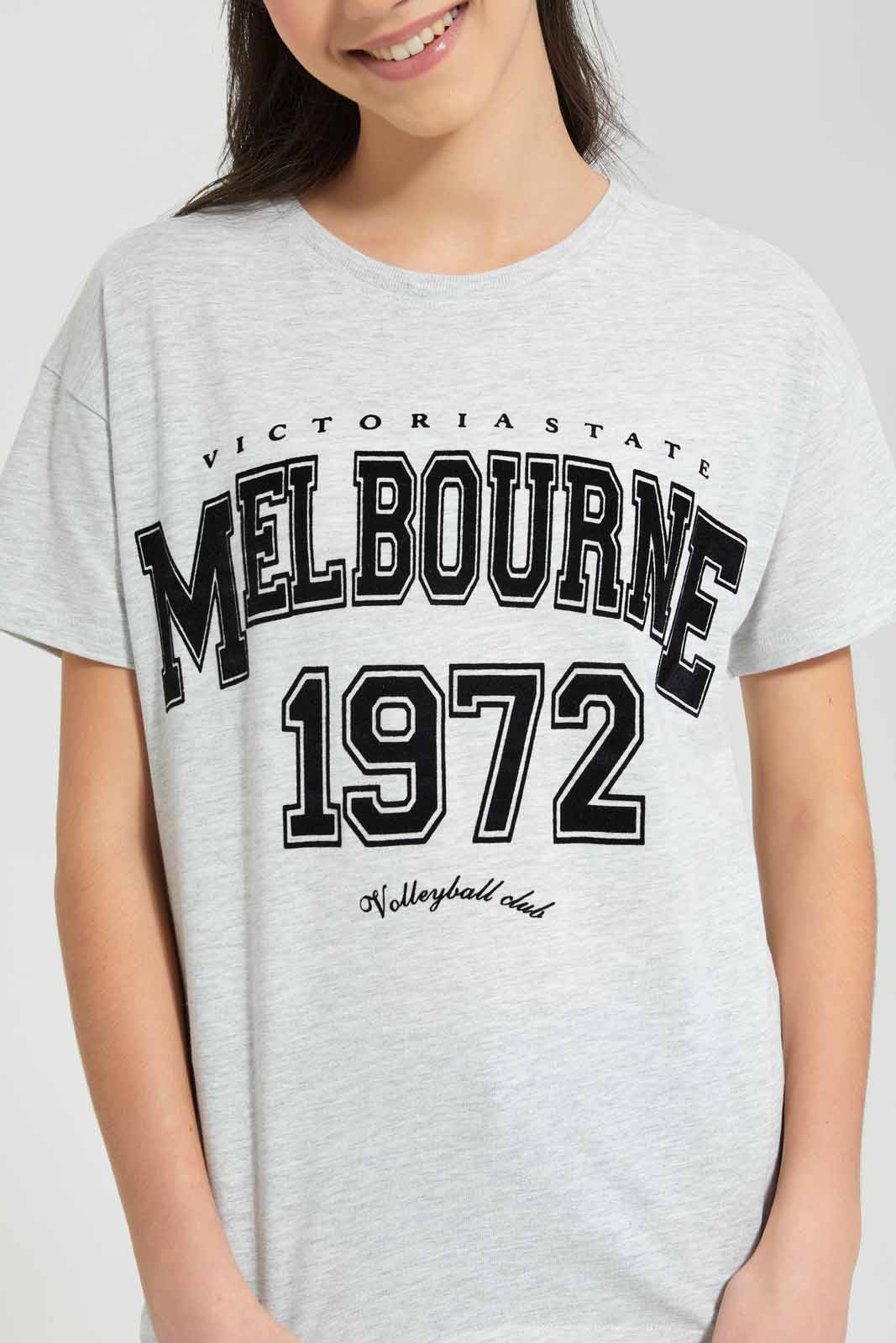Redtag-Grey-Melange-Varsity-Boxy-Top-Category:T-Shirts,-Colour:Grey,-Deals:New-In,-Filter:Senior-Girls-(9-to-14-Yrs),-GSR-T-Shirts,-New-In-GSR-APL,-Non-Sale,-Section:Girls-(0-to-14Yrs),-TBL,-W22O-Senior-Girls-9 to 14 Years