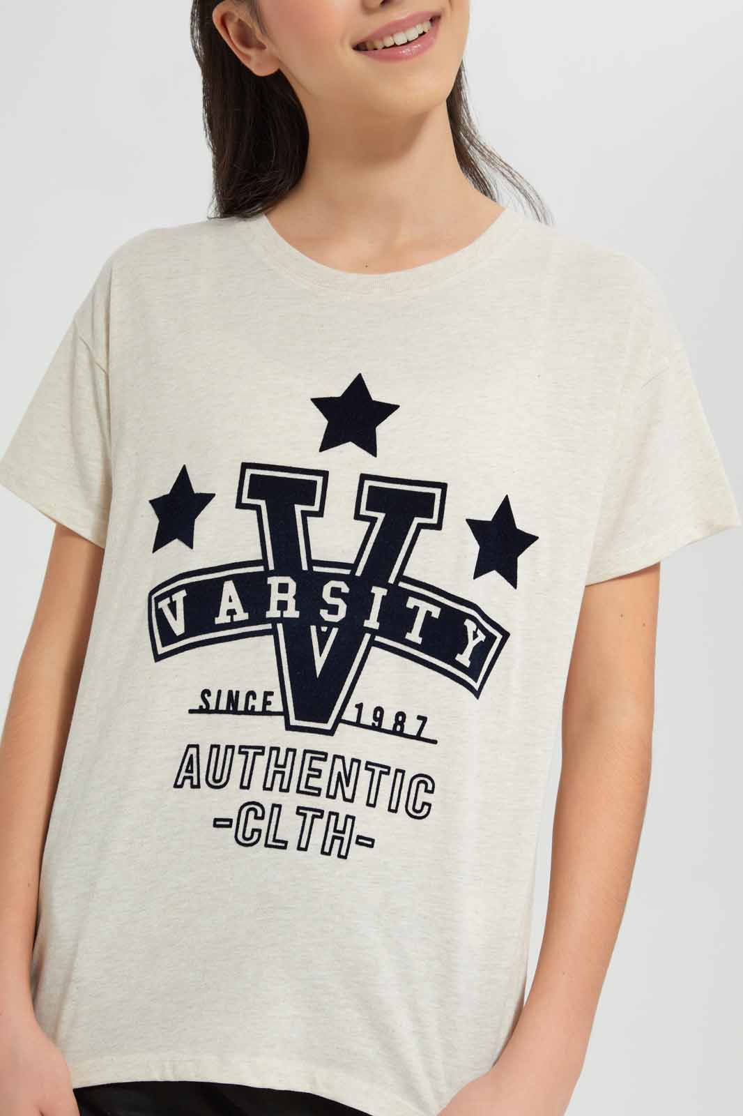 Redtag-Beige-Varsity-Boxy-Top-Category:T-Shirts,-Colour:Beige,-Deals:New-In,-Filter:Senior-Girls-(9-to-14-Yrs),-GSR-T-Shirts,-New-In-GSR-APL,-Non-Sale,-Section:Girls-(0-to-14Yrs),-TBL,-W22O-Senior-Girls-9 to 14 Years
